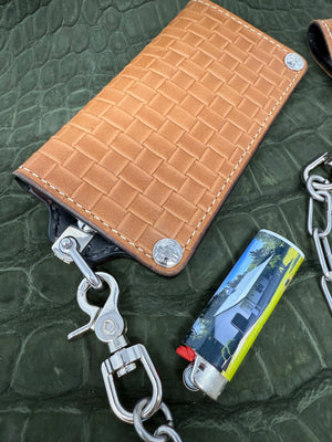 G4 Long Biker Chain Wallet, Chain & Loop Combo Set - Tan Basket Weave - Anvil Customs