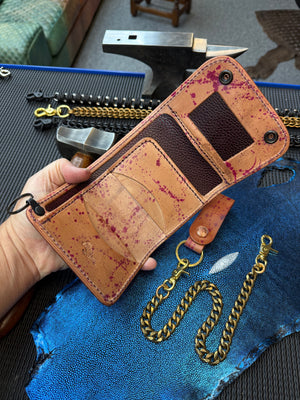 Trifold Leather Chain Wallet - Oxblood Splatter