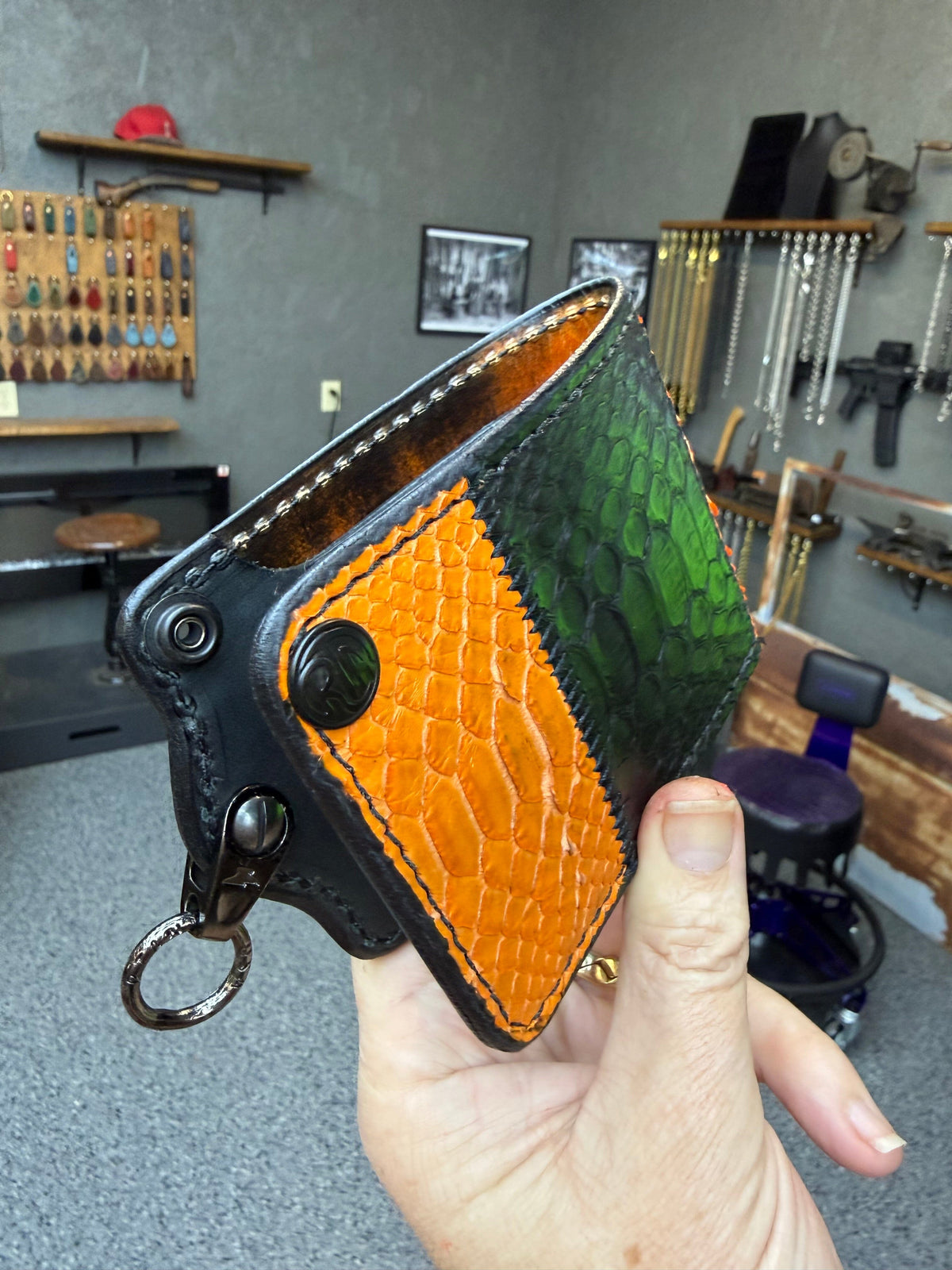 5G Bifold Leather Chain Wallet - Orange Black Python - Anvil Customs