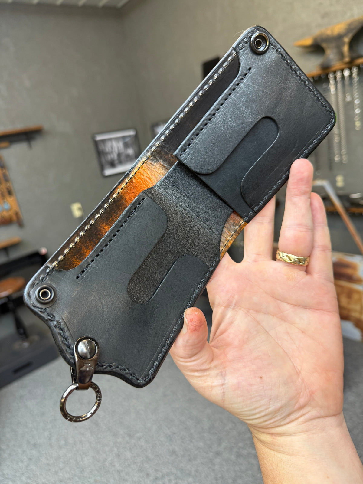 5G Bifold Leather Chain Wallet - Orange Black Python - Anvil Customs