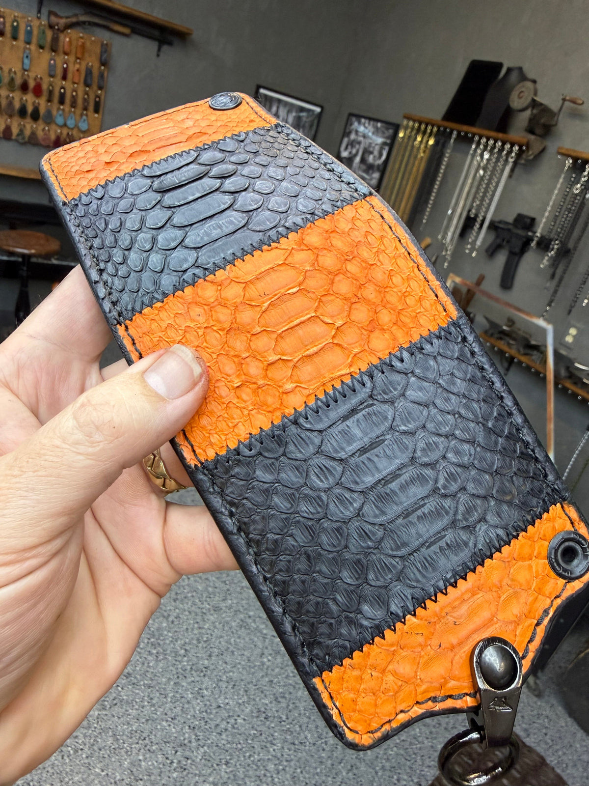 5G Bifold Leather Chain Wallet - Orange Black Python - Anvil Customs