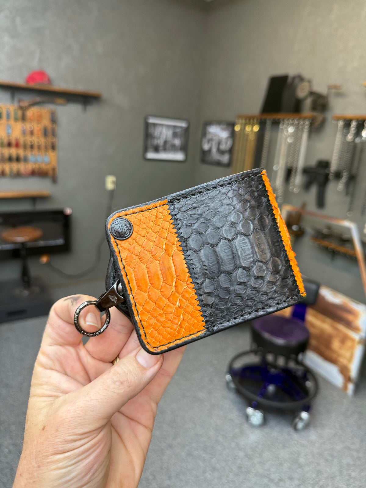 5G Bifold Leather Chain Wallet - Orange Black Python - Anvil Customs