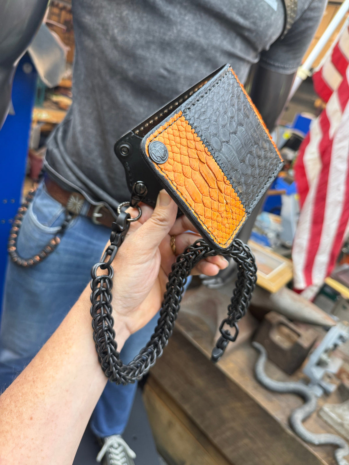 5G Bifold Leather Chain Wallet - Orange Black Python - Anvil Customs