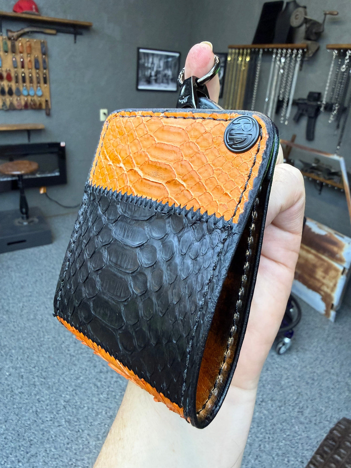 5G Bifold Leather Chain Wallet - Orange Black Python - Anvil Customs
