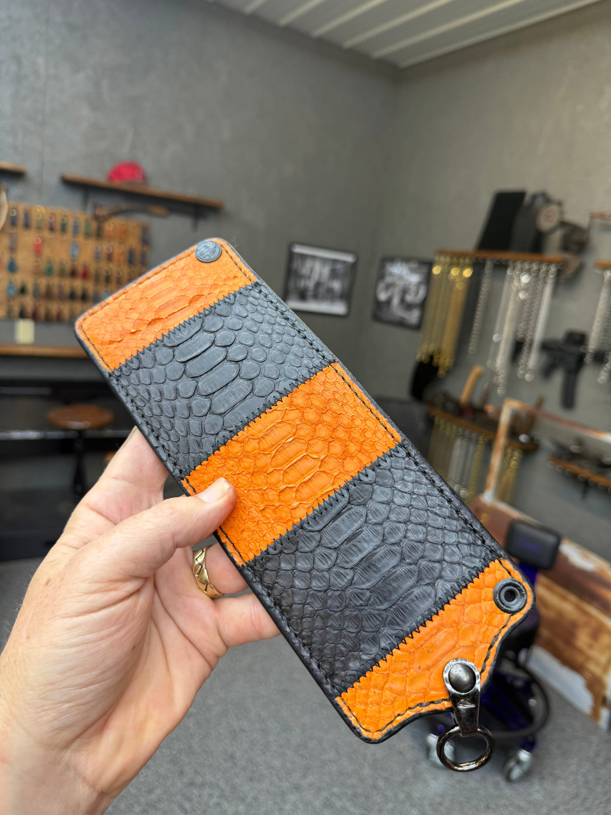 5G Bifold Leather Chain Wallet - Orange Black Python - Anvil Customs