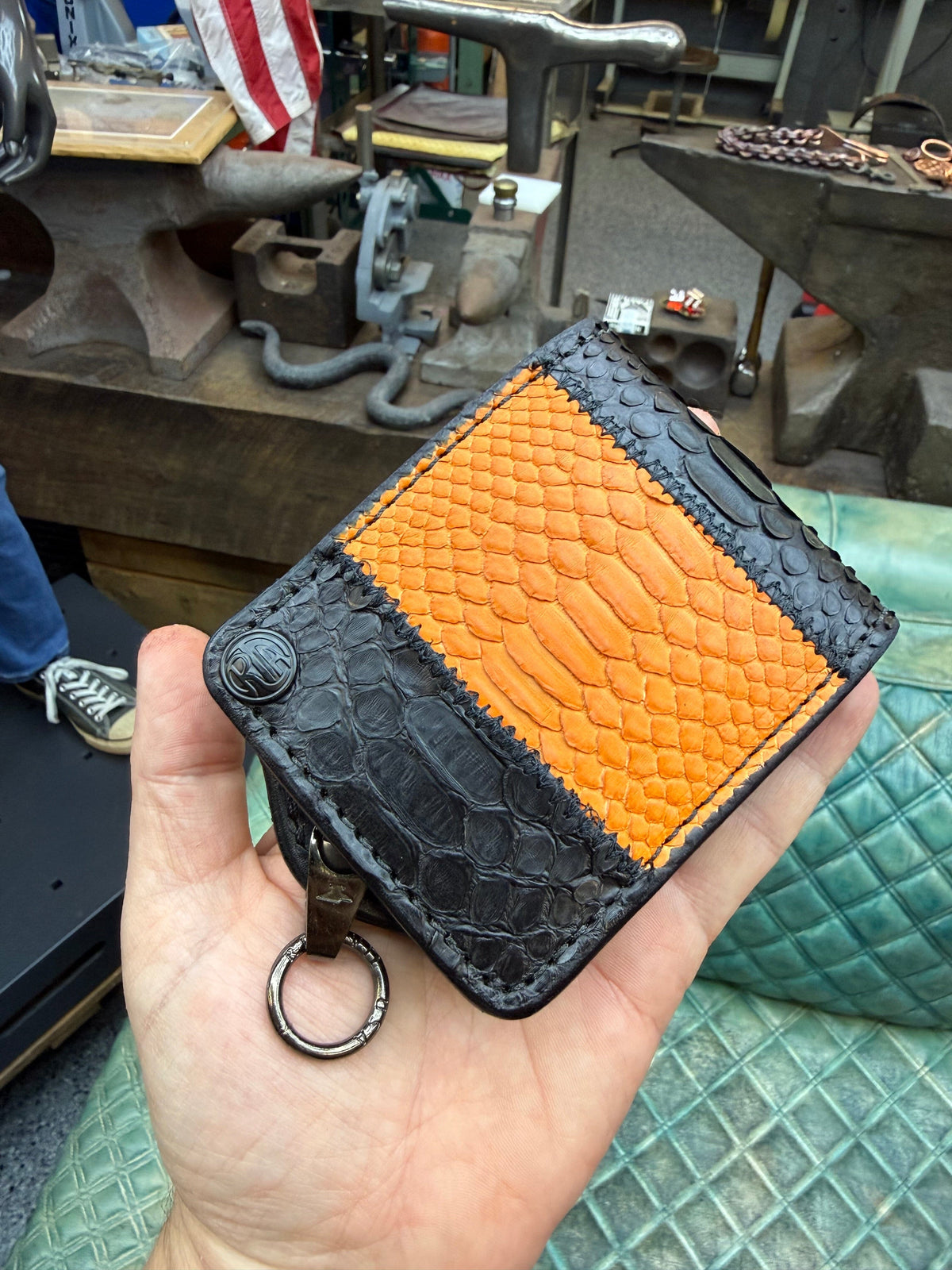 5G Bifold Leather Chain Wallet - Orange Black Python - Anvil Customs