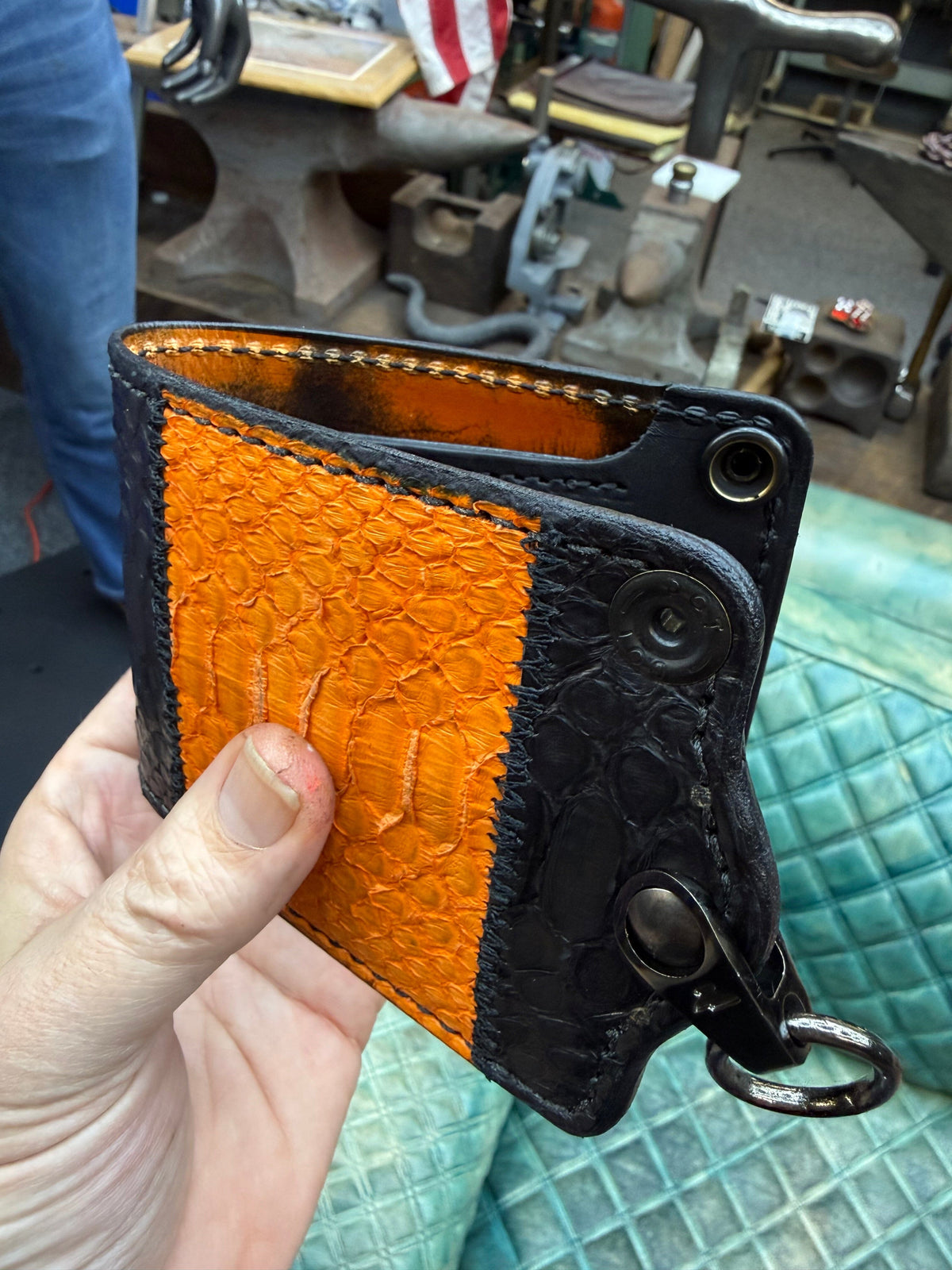 5G Bifold Leather Chain Wallet - Orange Black Python - Anvil Customs