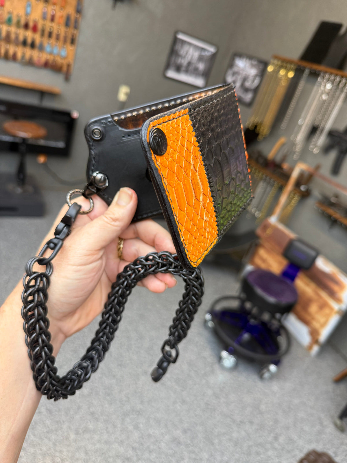 5G Bifold Leather Chain Wallet - Orange Black Python - Anvil Customs