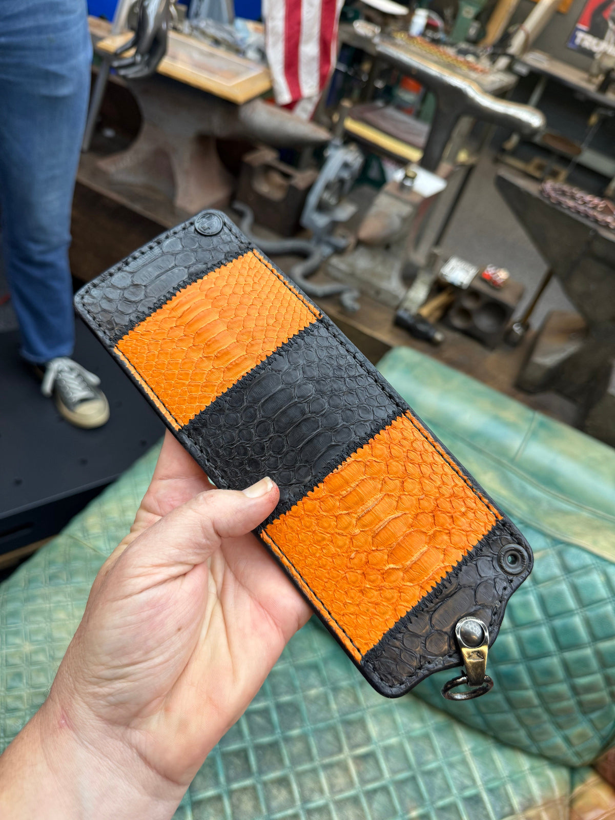 5G Bifold Leather Chain Wallet - Orange Black Python - Anvil Customs