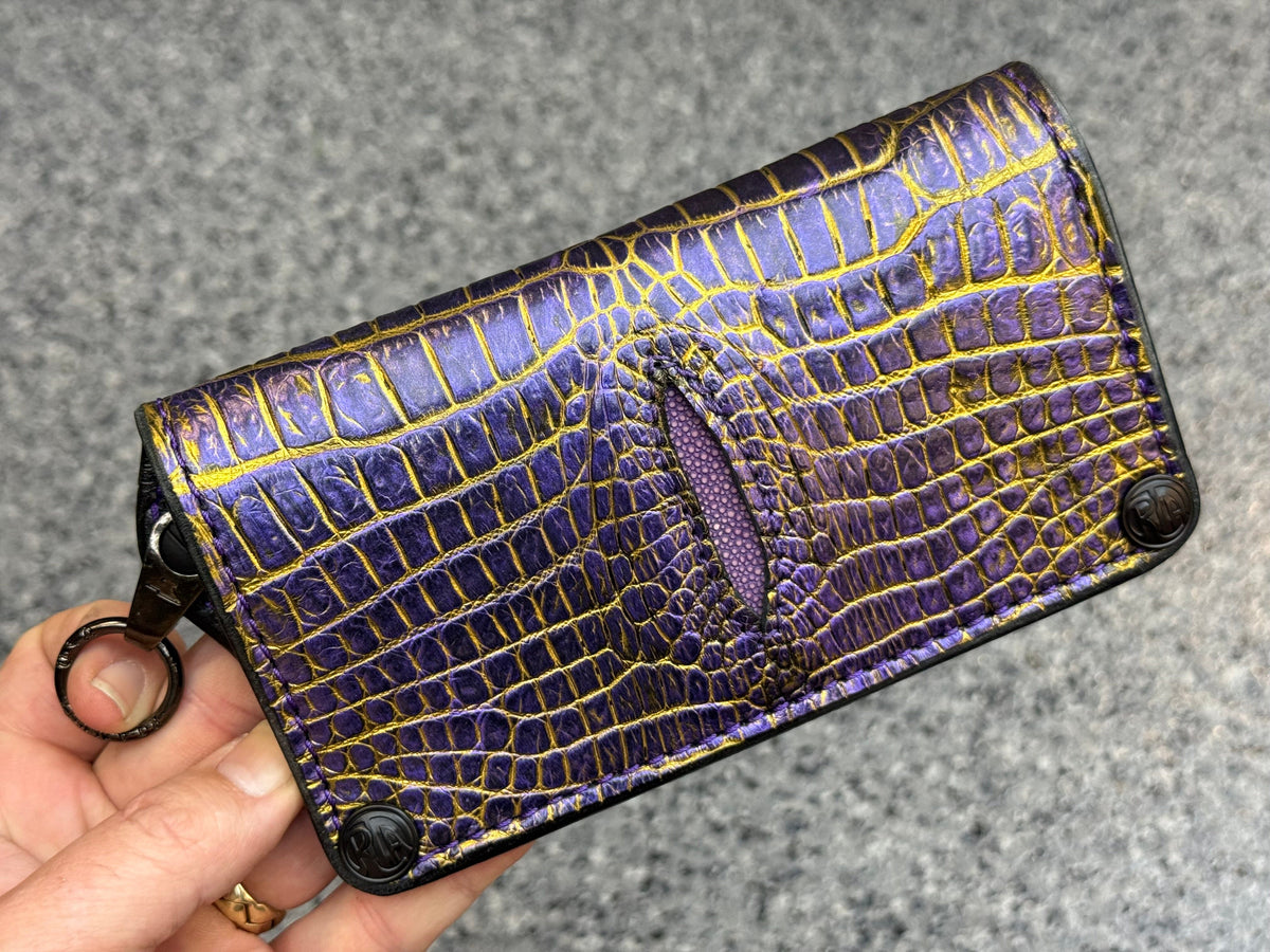 5G Long Biker Chain Wallet - Purple/Gold Alligator Cloaca - Anvil Customs