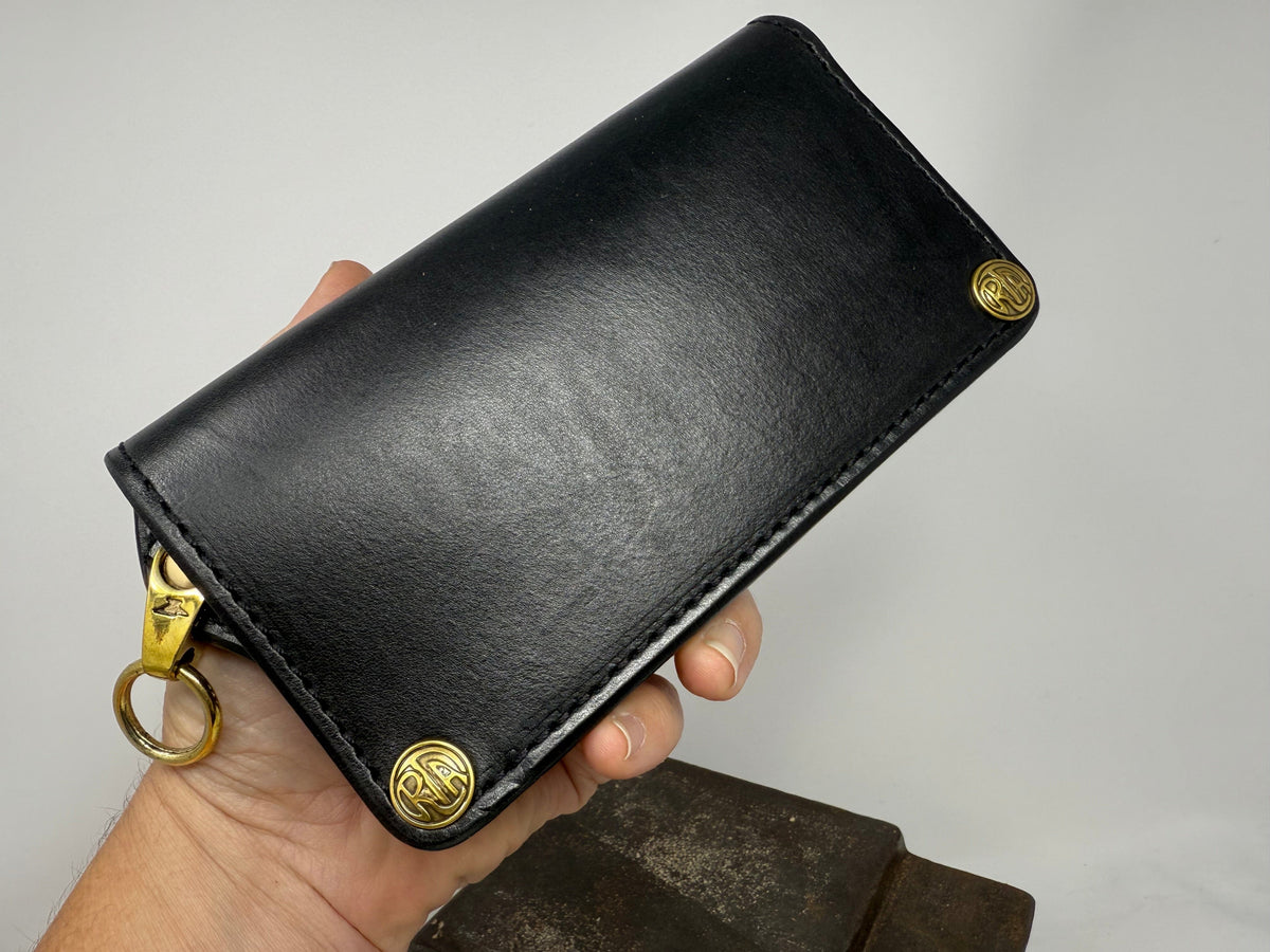 5G Long Biker Leather Chain Wallet - Black Hermann Oak - Anvil Customs