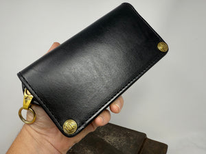 5G Long Biker Leather Chain Wallet - Black Hermann Oak - Anvil Customs