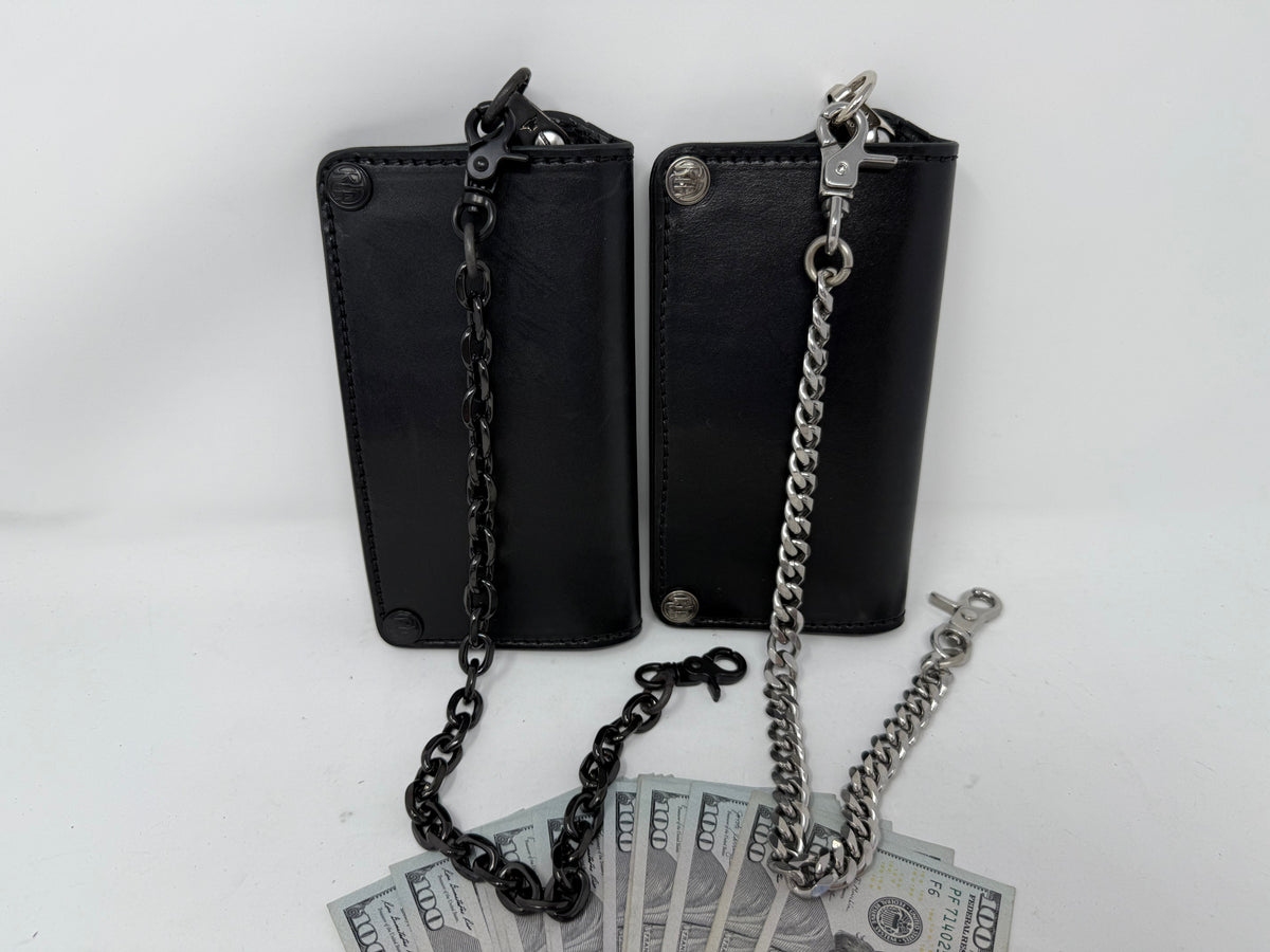 5G Long Biker Leather Chain Wallet - Black Hermann Oak - Anvil Customs