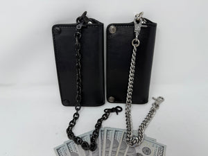 5G Long Biker Leather Chain Wallet - Black Hermann Oak - Anvil Customs