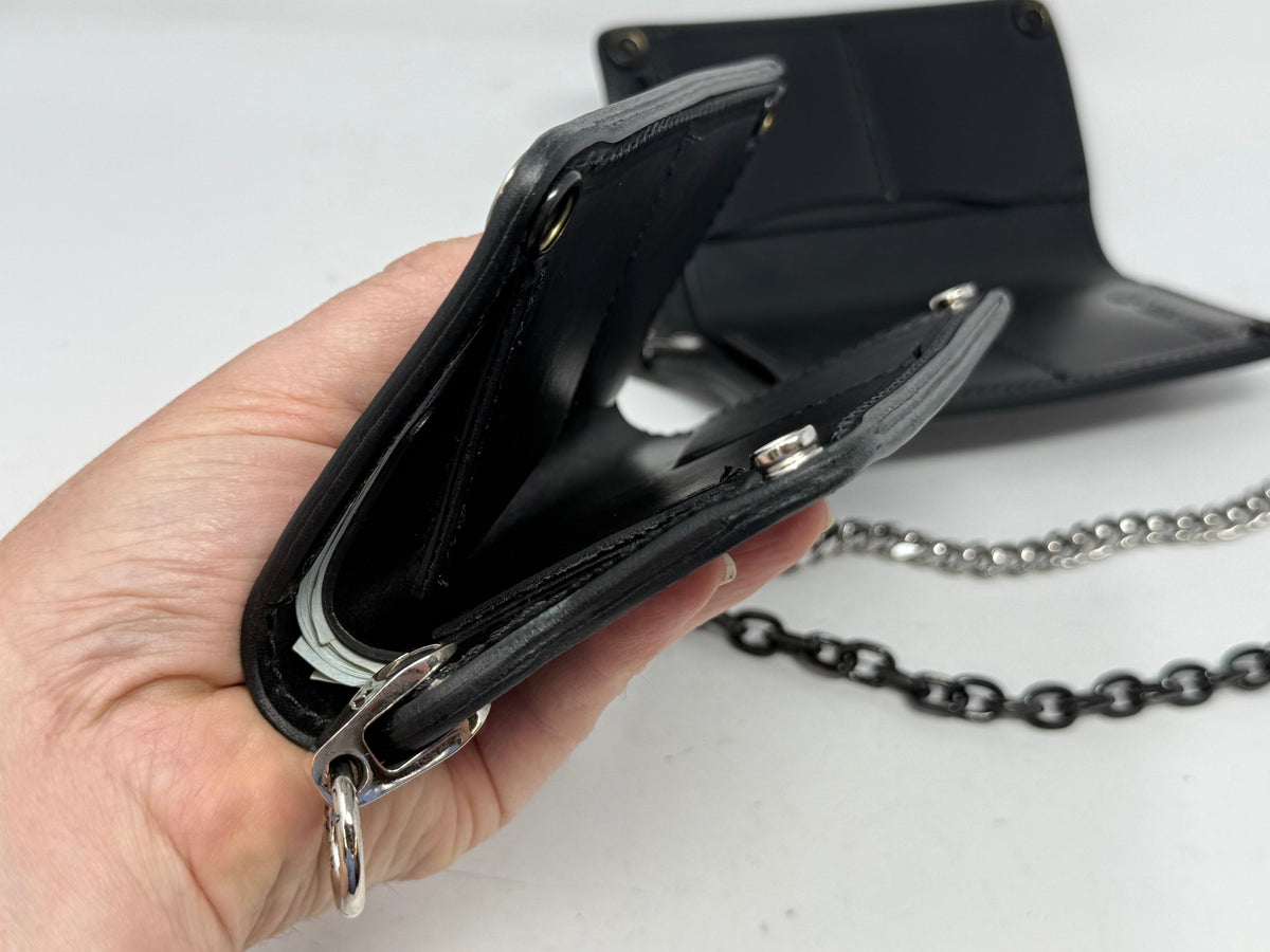5G Long Biker Leather Chain Wallet - Black Hermann Oak - Anvil Customs