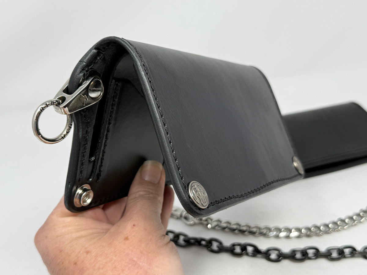 5G Long Biker Leather Chain Wallet - Black Hermann Oak - Anvil Customs