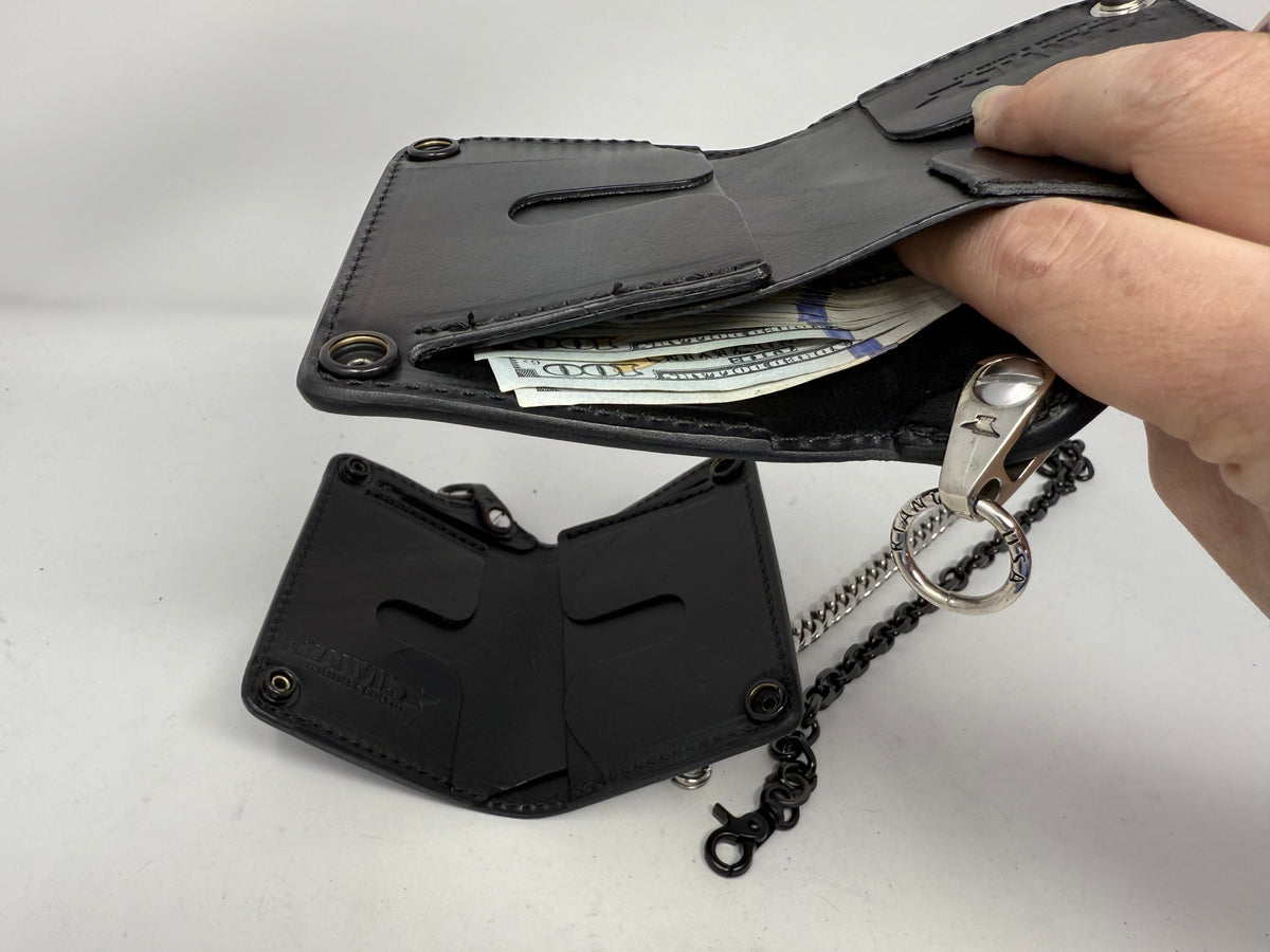 5G Mini Long Leather Chain Wallet - Black Hermann Oak - Anvil Customs