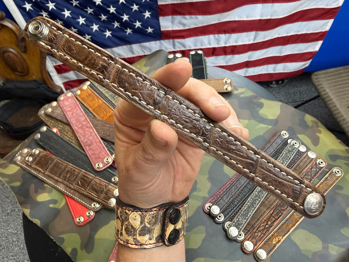 Exotic Leather Bracelet / Cuff:   Brown Alligator - Anvil Customs
