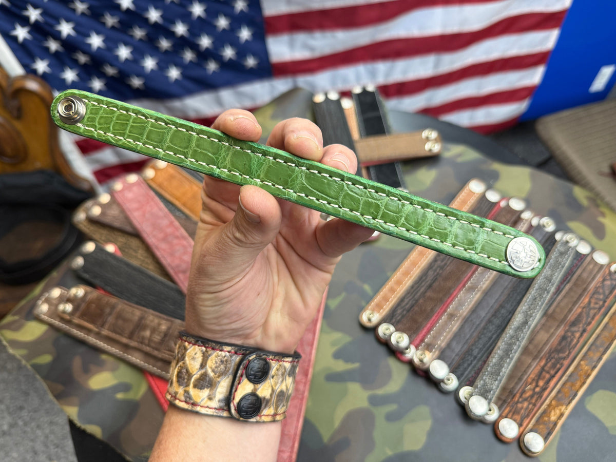 Exotic Leather Bracelet / Cuff:   Lime Green Alligator - Anvil Customs