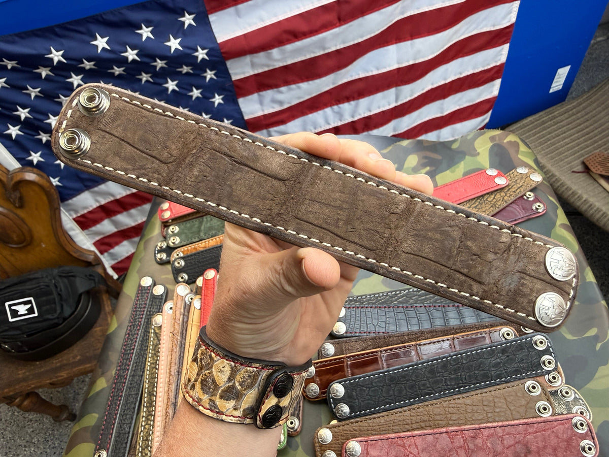 Exotic Leather Bracelet / Cuff:  Nubuck Brown Alligator - Anvil Customs
