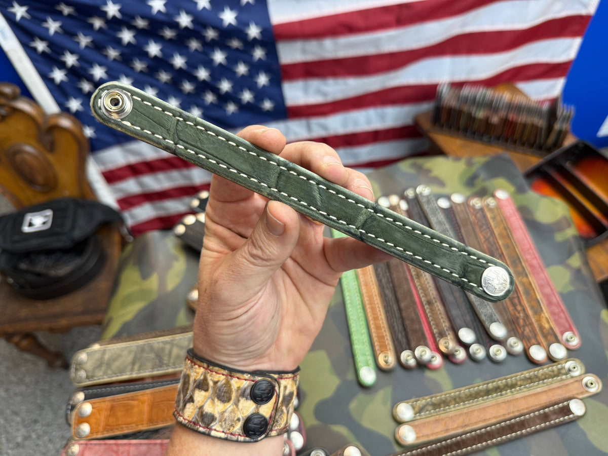 Exotic Leather Bracelet / Cuff:  Nubuck Green Alligator - Anvil Customs