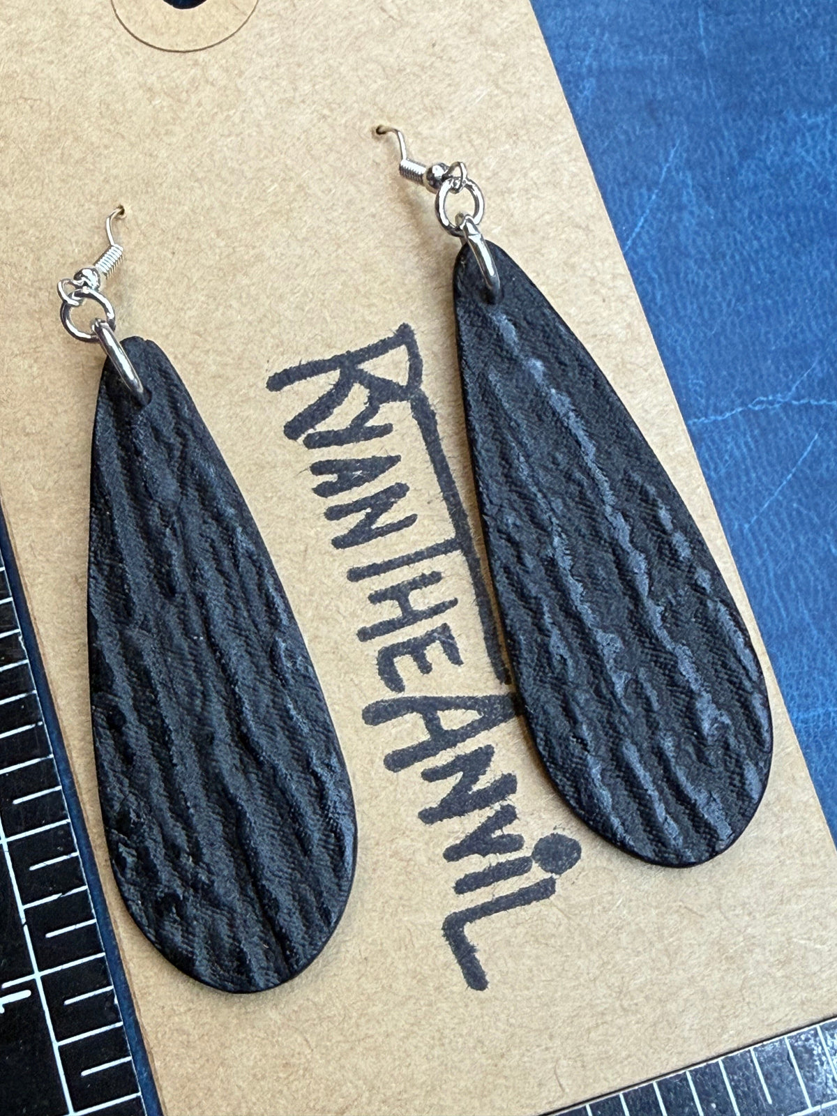 Exotic Leather Earrings: Black Shark Teardrop - Anvil Customs