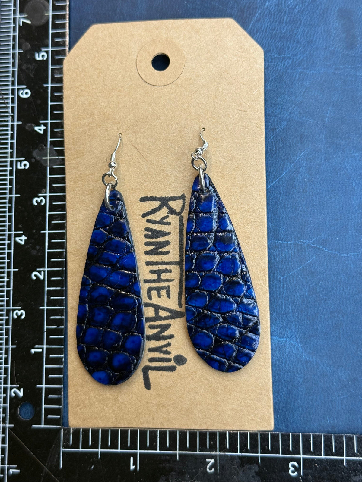 Exotic Leather Earrings: Blue Black Alligator Teardrop - Anvil Customs