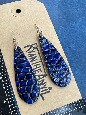 Exotic Leather Earrings: Blue Black Alligator Teardrop - Anvil Customs