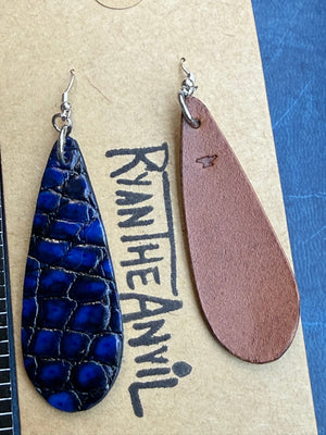 Exotic Leather Earrings: Blue Black Alligator Teardrop - Anvil Customs