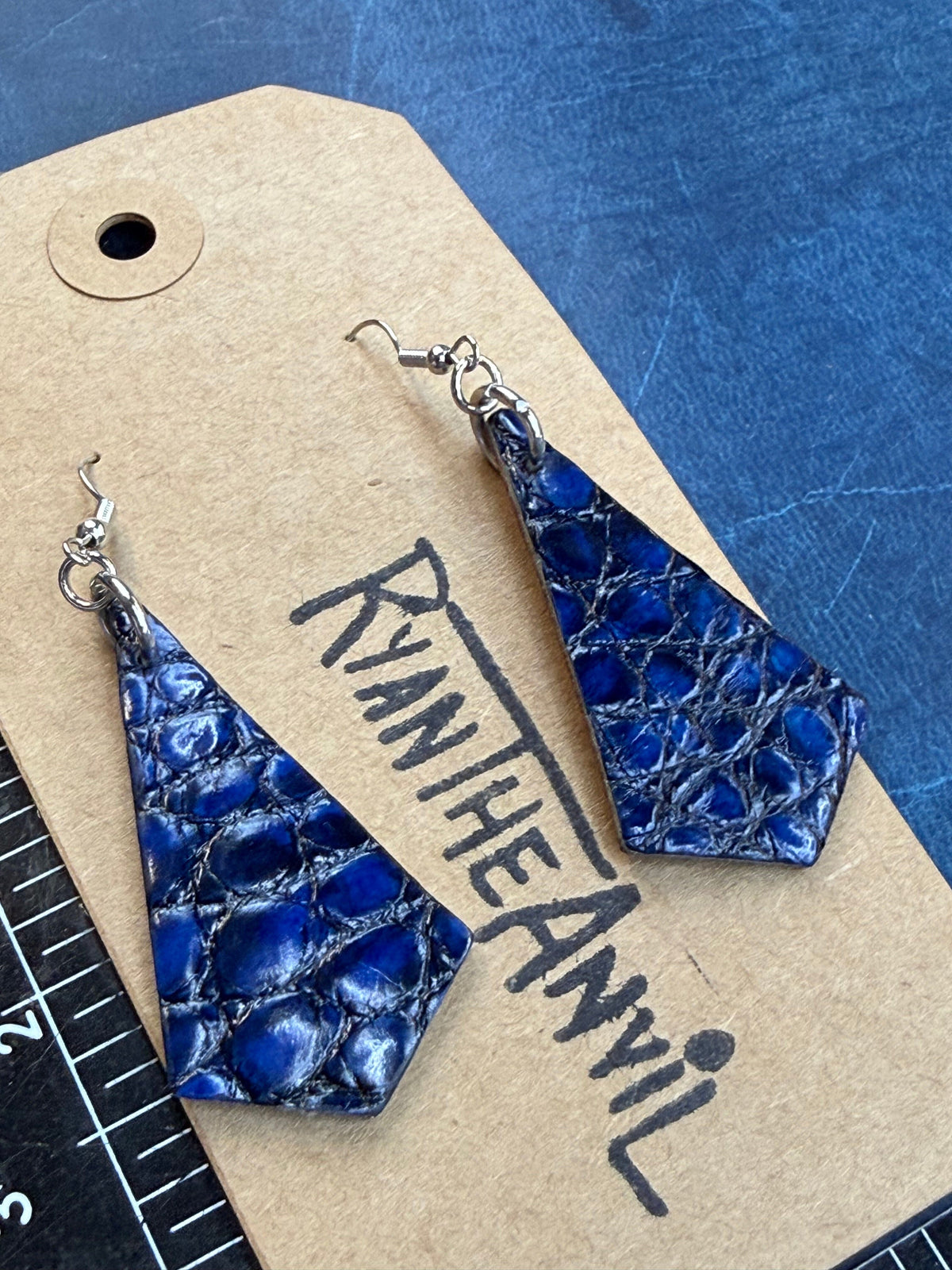 Exotic Leather Earrings: Blue Black Alligator Trapezoid - Anvil Customs