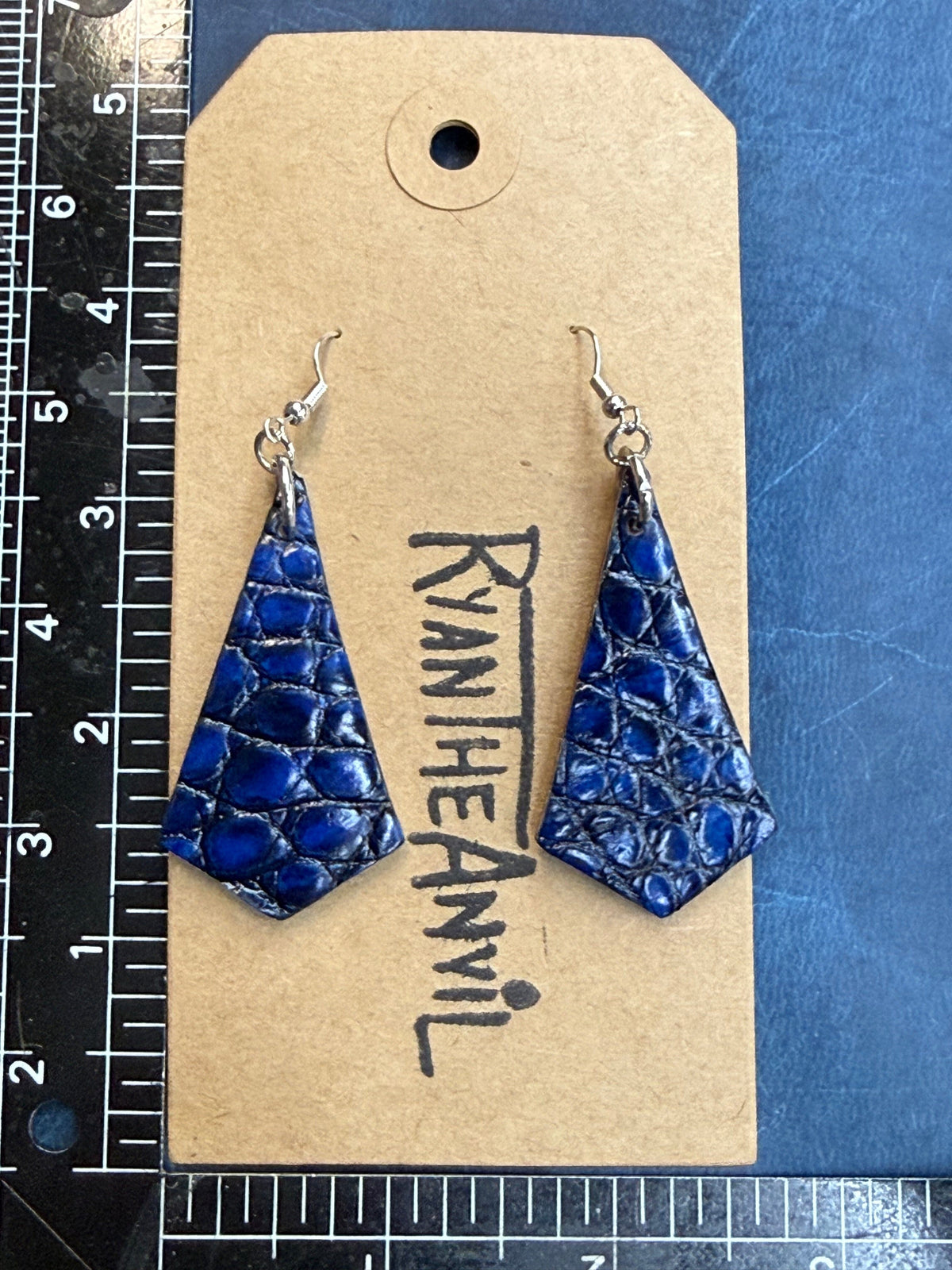 Exotic Leather Earrings: Blue Black Alligator Trapezoid - Anvil Customs