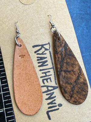Exotic Leather Earrings: Cognac Elephant Teardrop - Anvil Customs