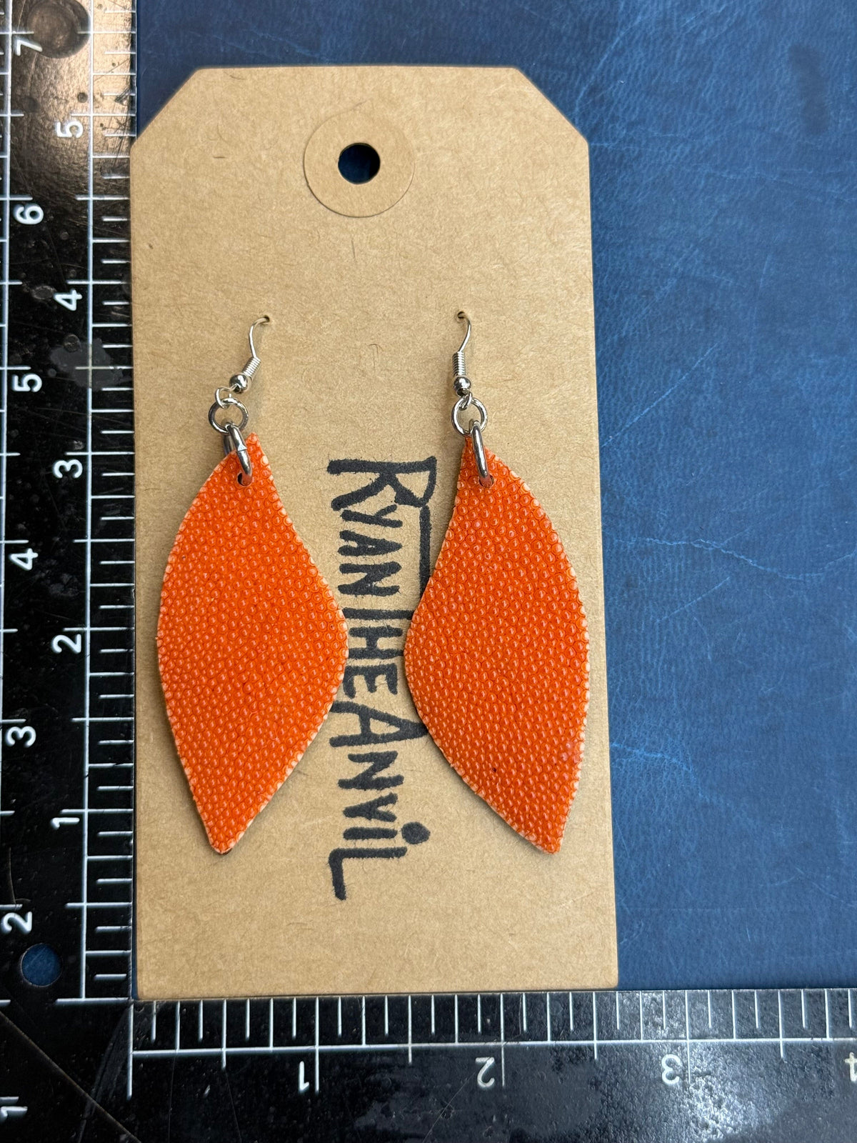 Exotic Leather Earrings: Orange Stingray Leaf-Shaped - Anvil Customs