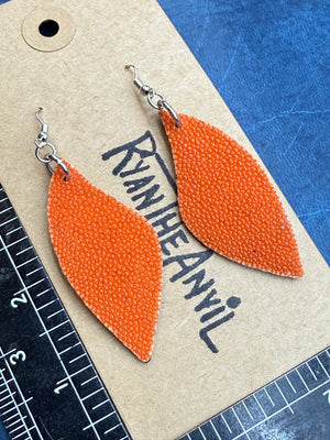 Exotic Leather Earrings: Orange Stingray Leaf-Shaped - Anvil Customs
