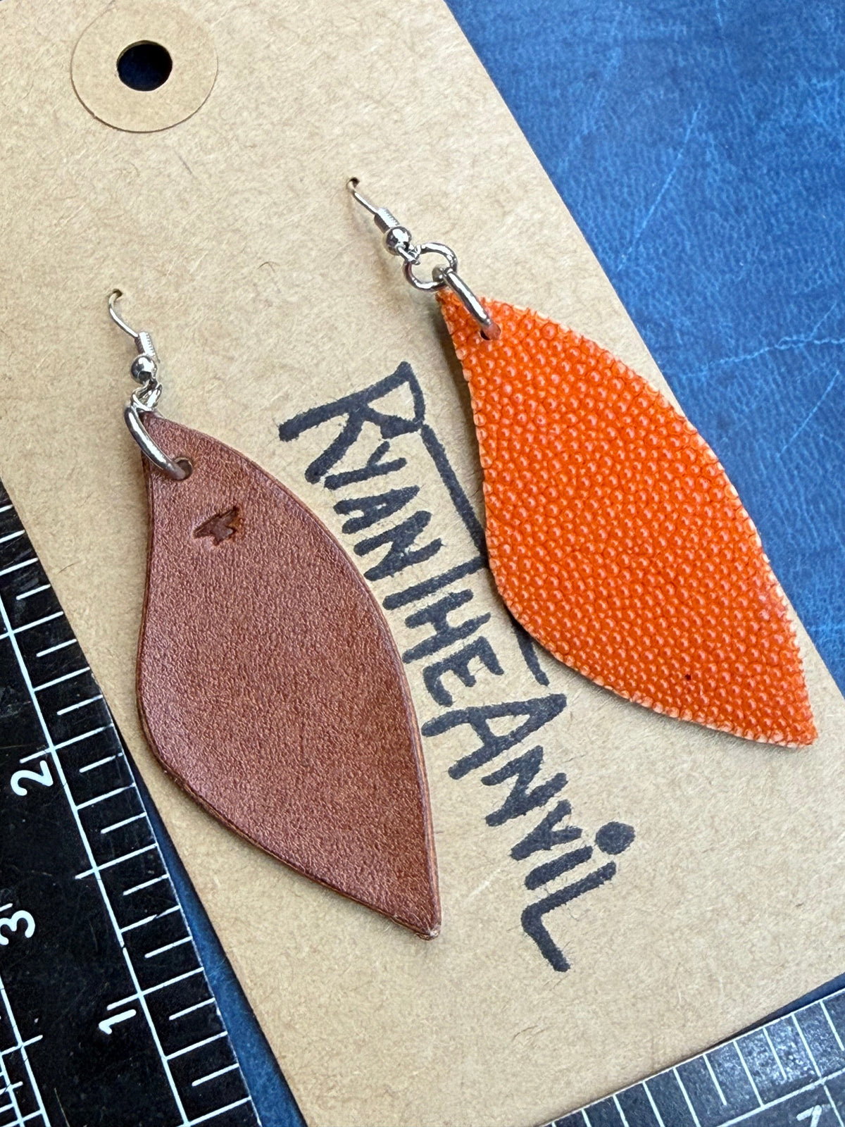 Exotic Leather Earrings: Orange Stingray Leaf-Shaped - Anvil Customs