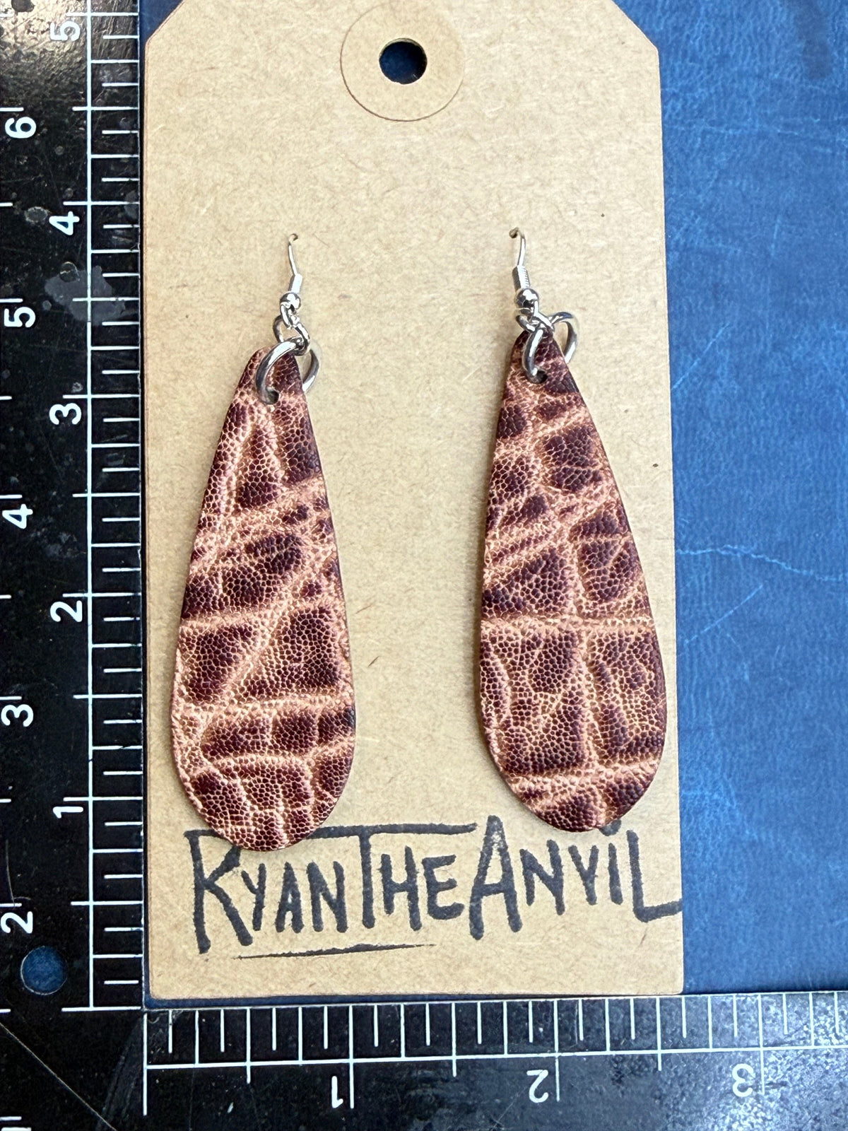 Exotic Leather Earrings: Peat Elephant Teardrop - Anvil Customs
