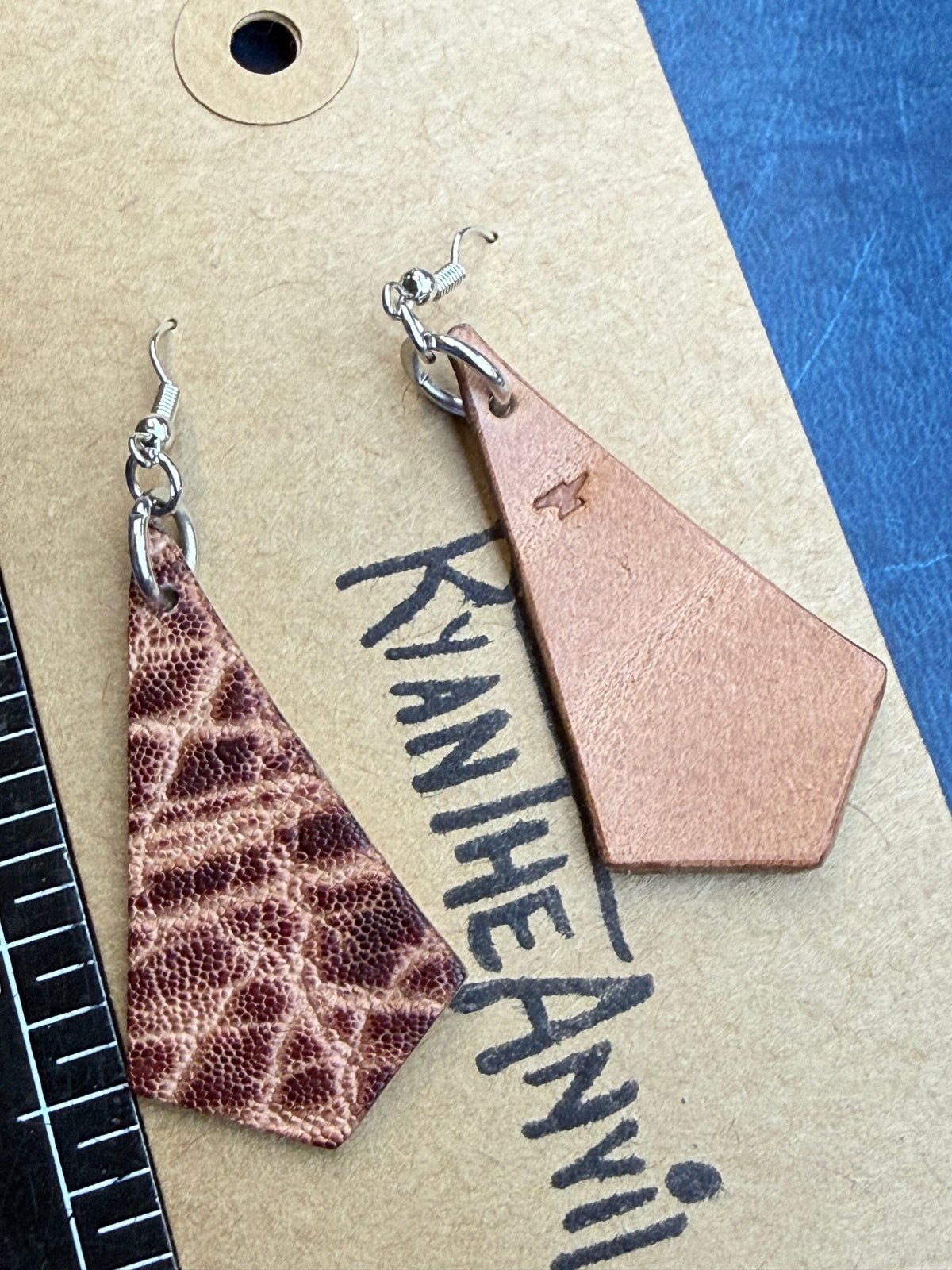 Exotic Leather Earrings: Peat Elephant Trapezoid - Anvil Customs