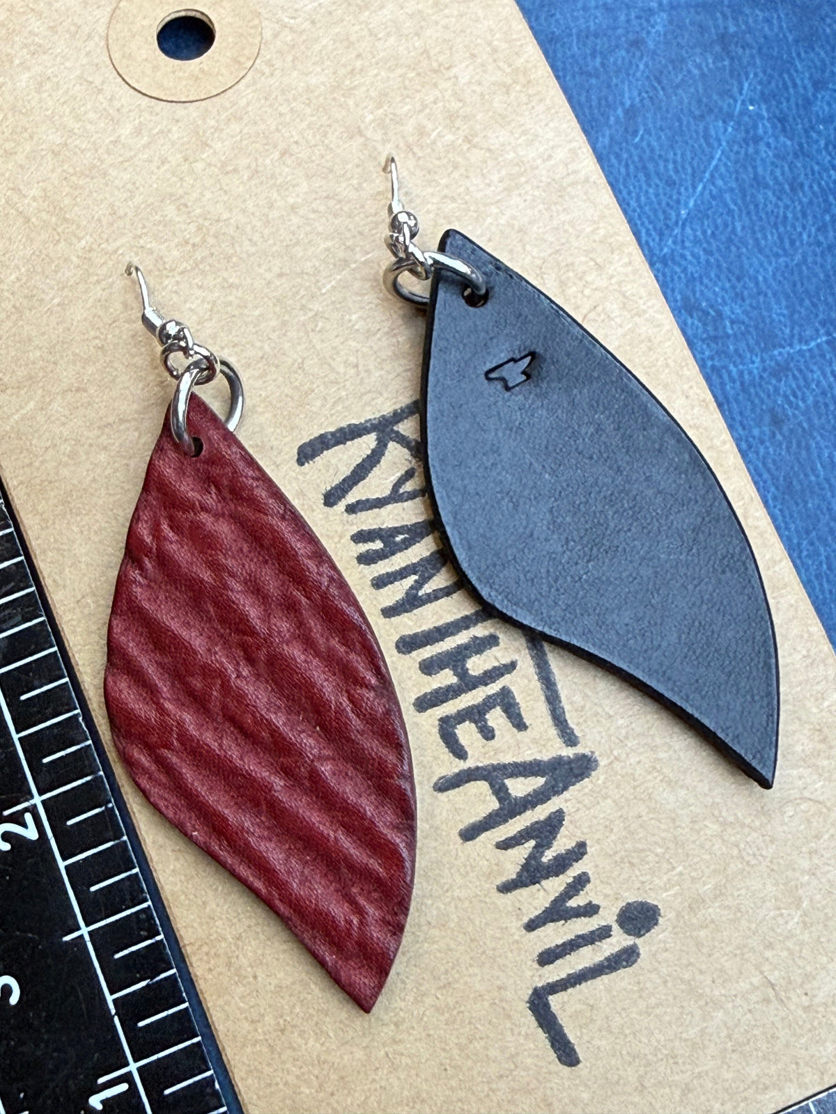 Exotic Leather Earrings: Red Shark Leaf Shaped - Anvil Customs