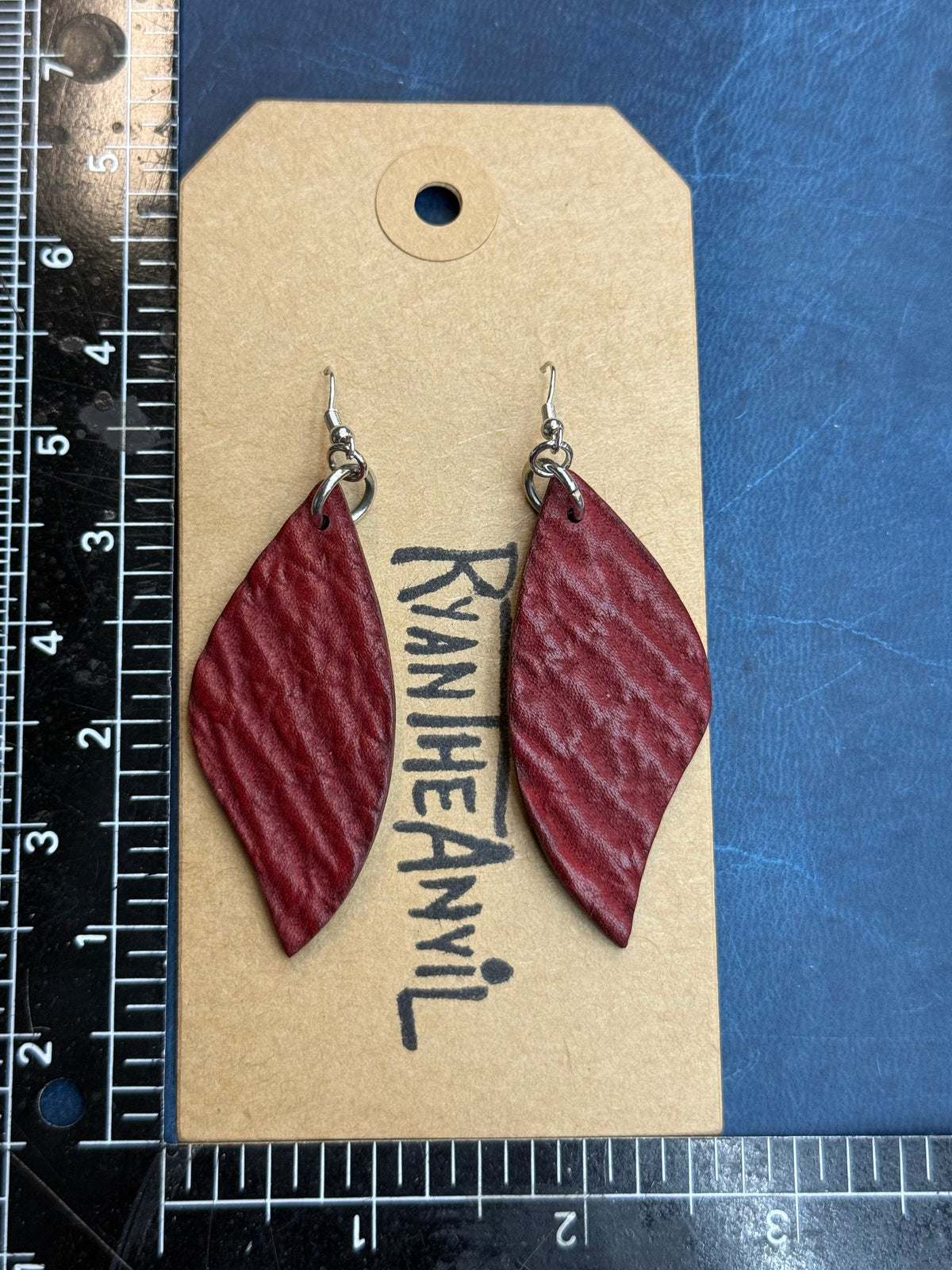 Exotic Leather Earrings: Red Shark Leaf Shaped - Anvil Customs