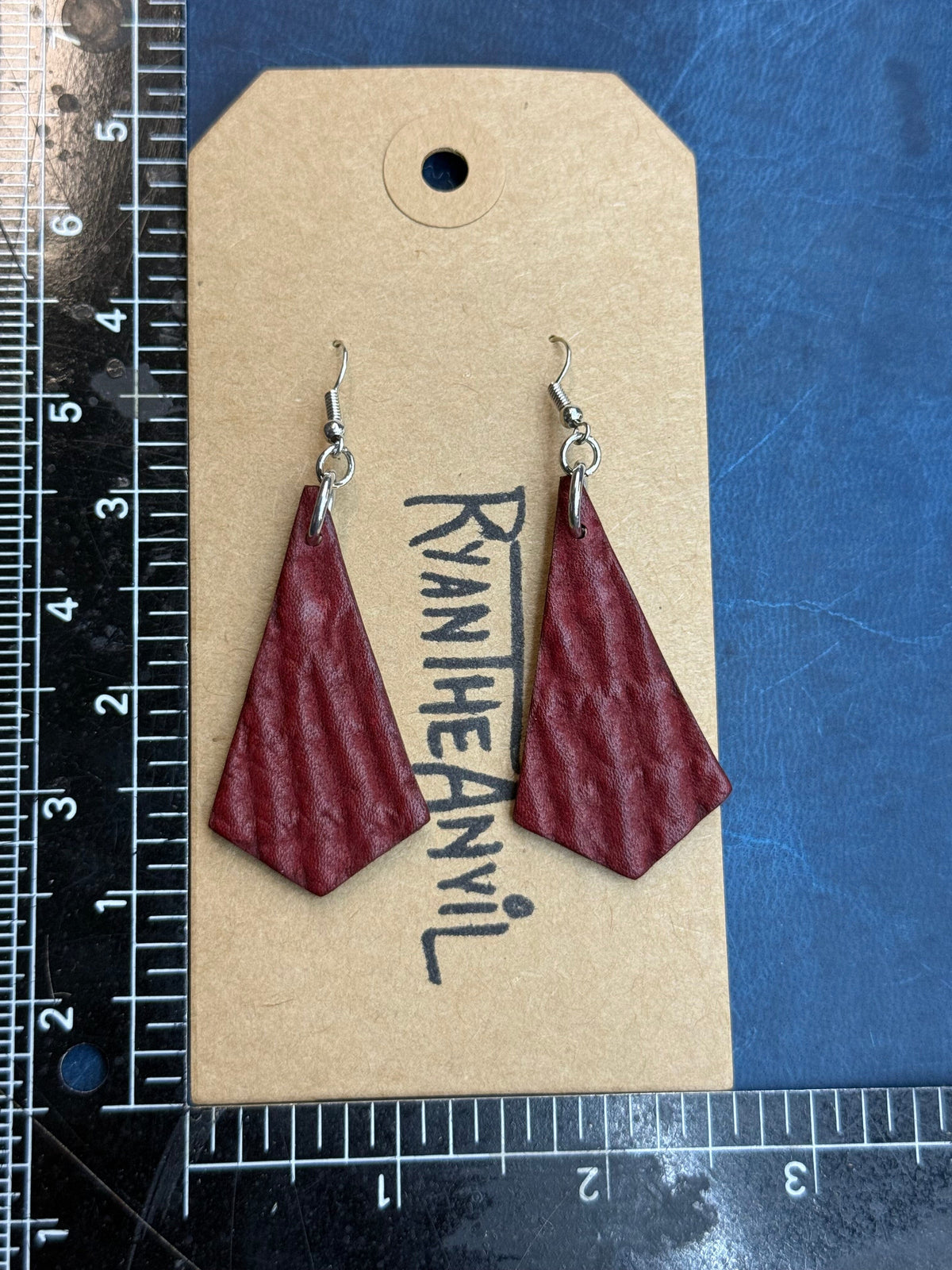 Exotic Leather Earrings: Red Shark Trapezoid - Anvil Customs