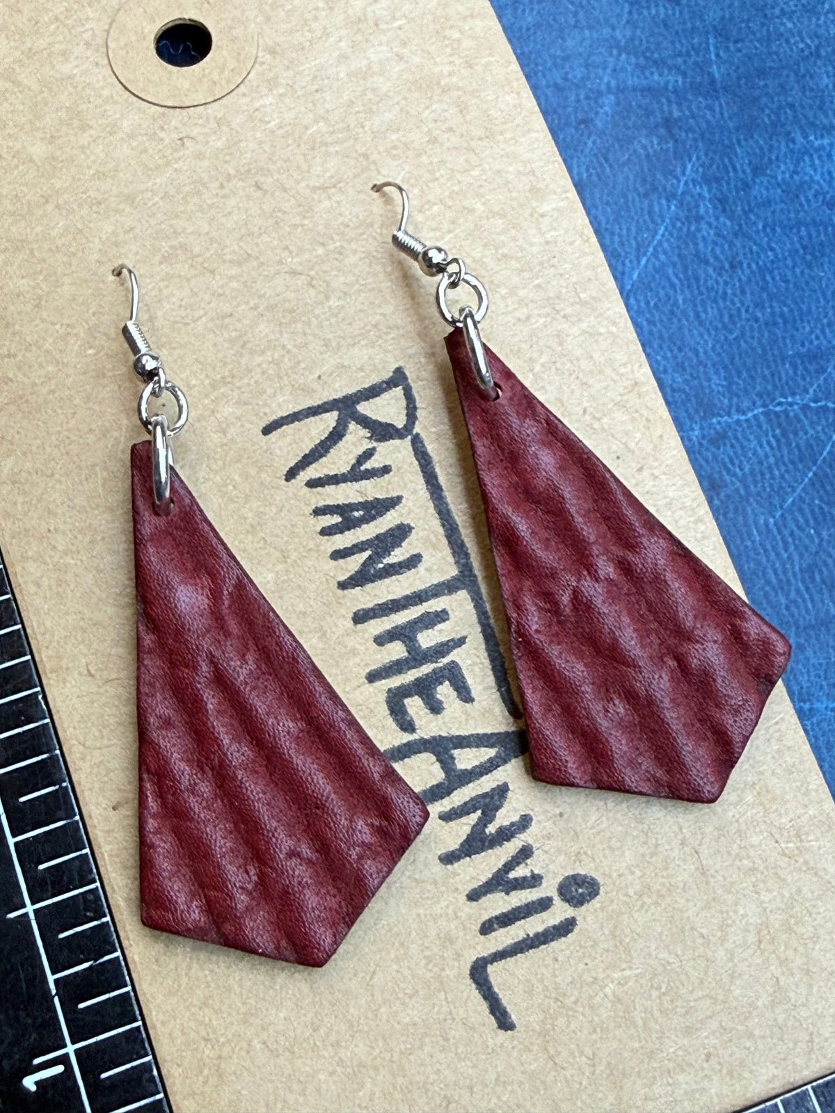 Exotic Leather Earrings: Red Shark Trapezoid - Anvil Customs