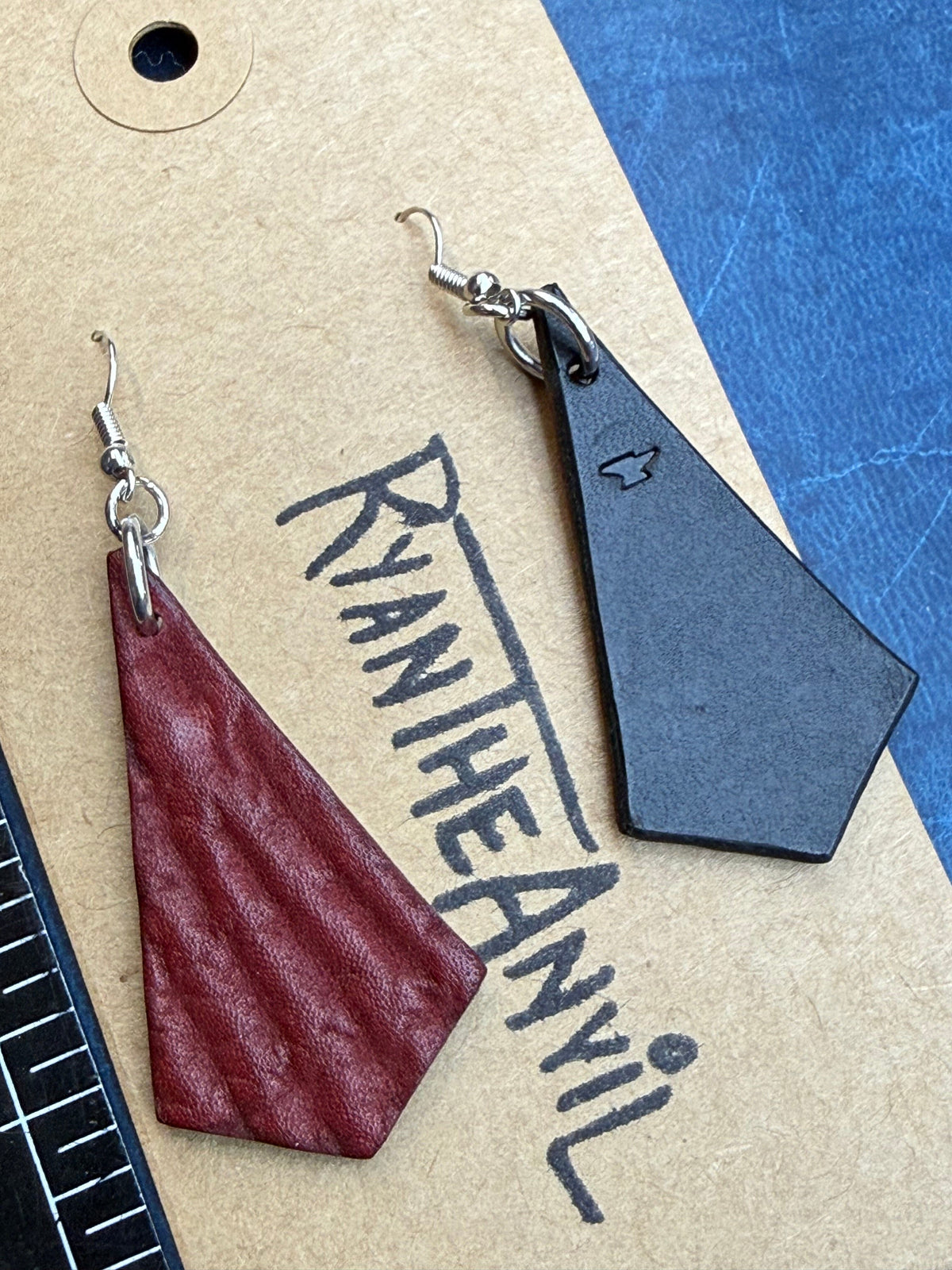 Exotic Leather Earrings: Red Shark Trapezoid - Anvil Customs