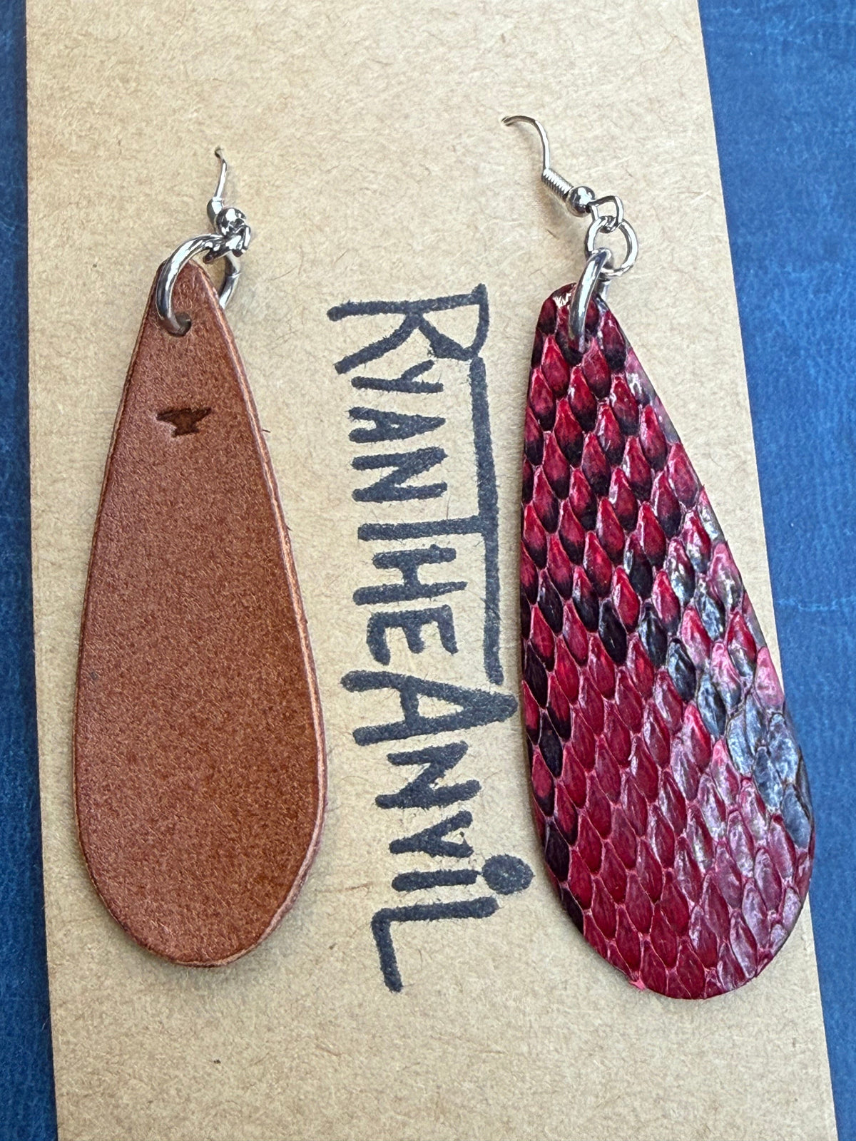 Exotic Leather Earrings: Rose Red Python Teardrop - Anvil Customs