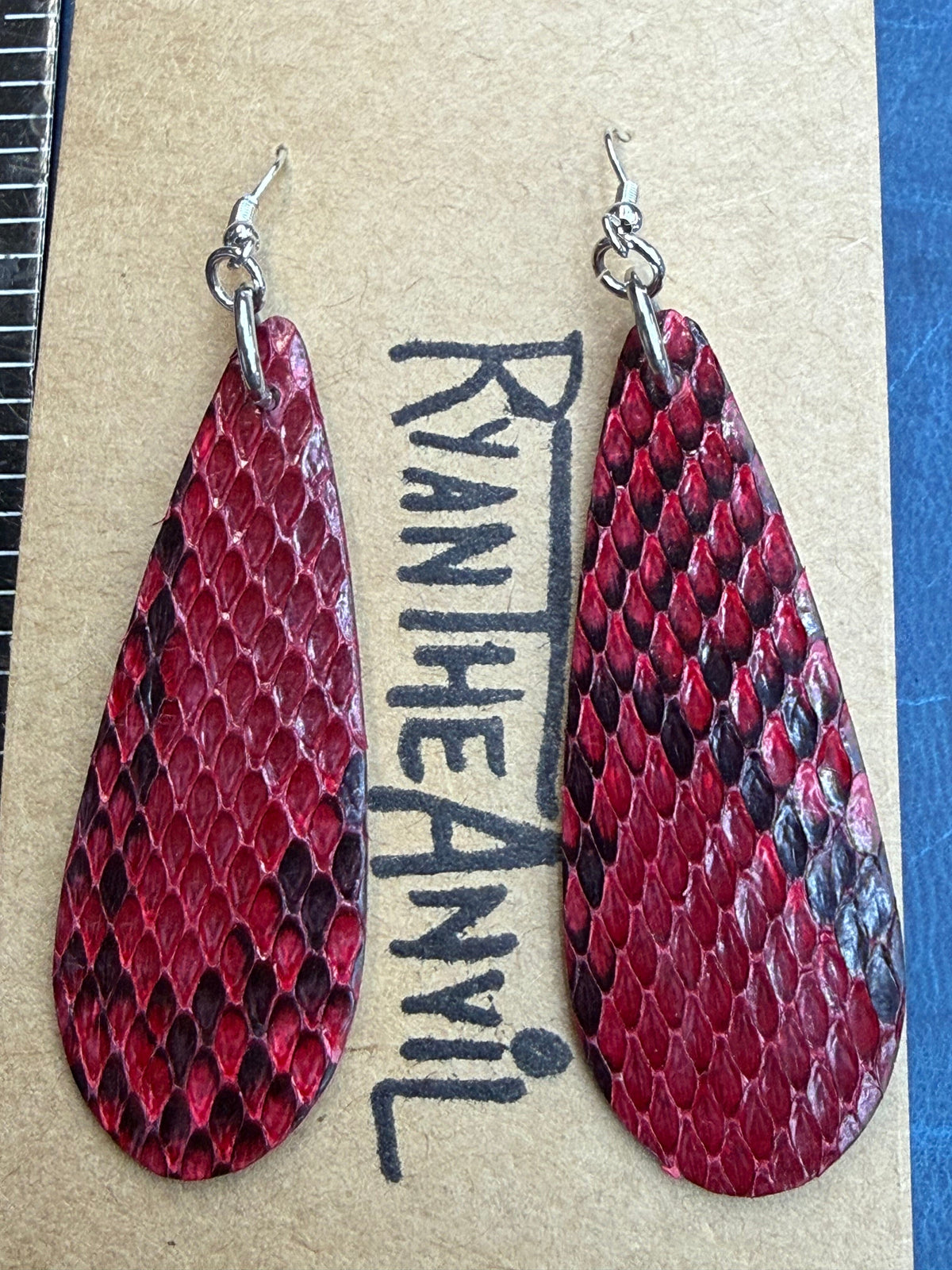 Exotic Leather Earrings: Rose Red Python Teardrop - Anvil Customs