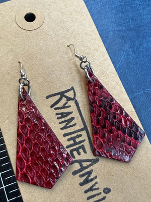 Exotic Leather Earrings: Rose Red Python Trapezoid - Anvil Customs