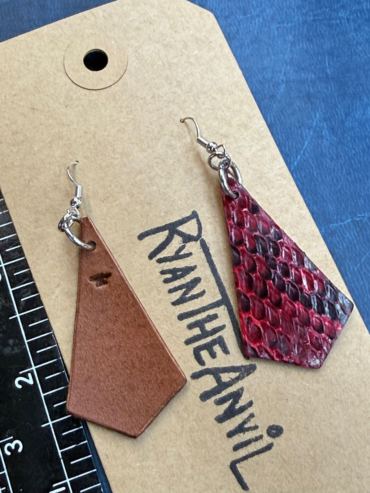 Exotic Leather Earrings: Rose Red Python Trapezoid - Anvil Customs