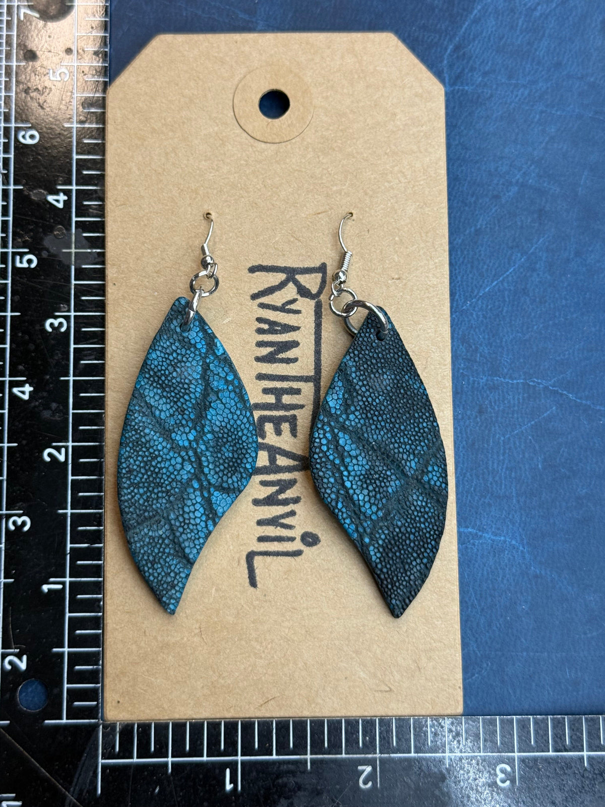 Exotic Leather Earrings: Turquoise Elephant Leaf-Shaped - Anvil Customs