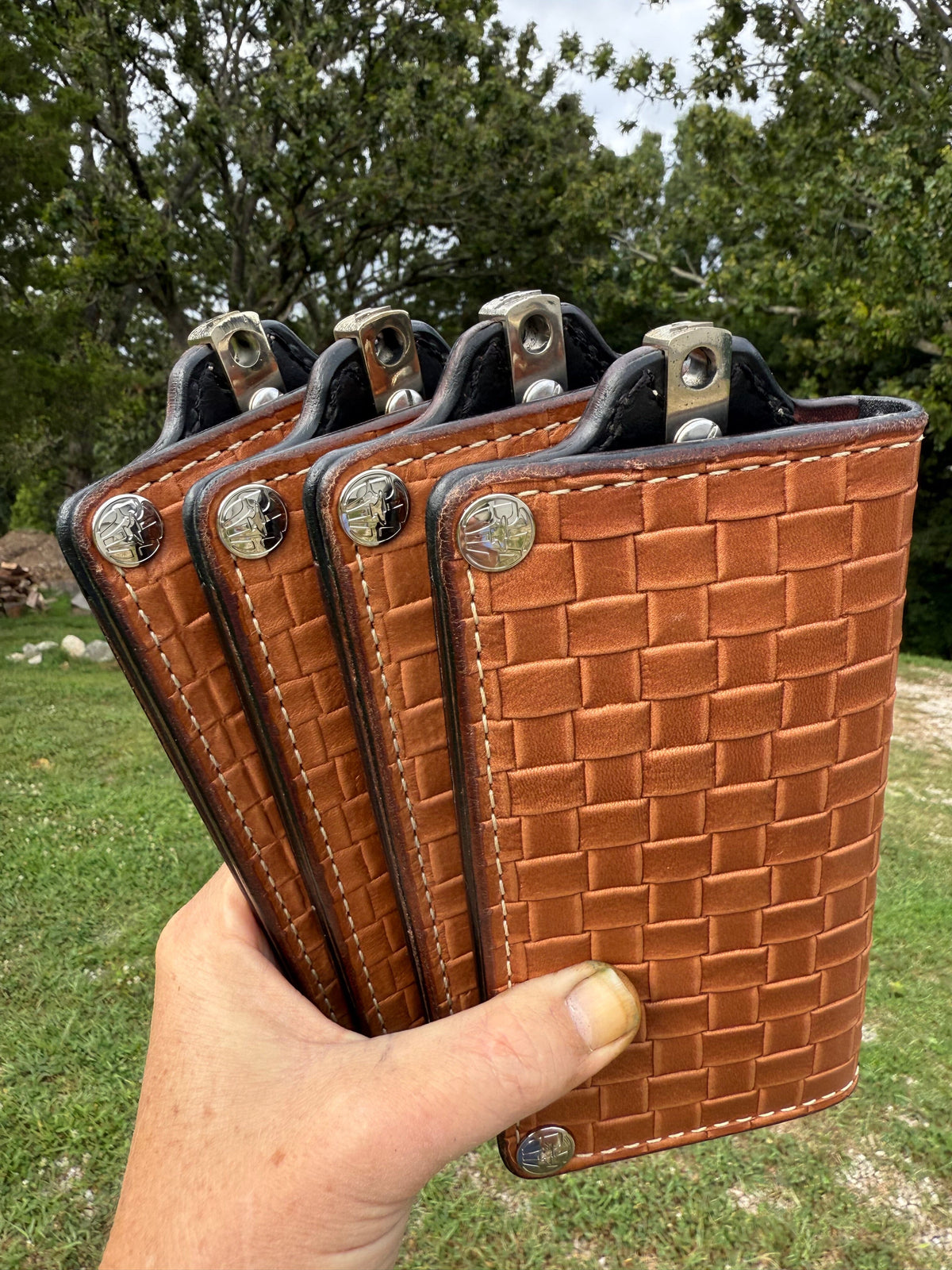 G4 Long Biker Chain Wallet, Chain &amp; Loop Combo Set - Tan Basket Weave - Anvil Customs