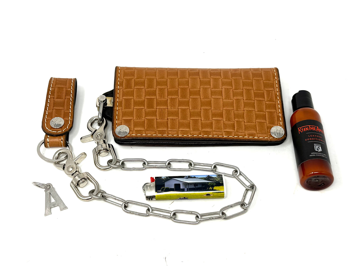 G4 Long Biker Chain Wallet, Chain &amp; Loop Combo Set - Tan Basket Weave - Anvil Customs