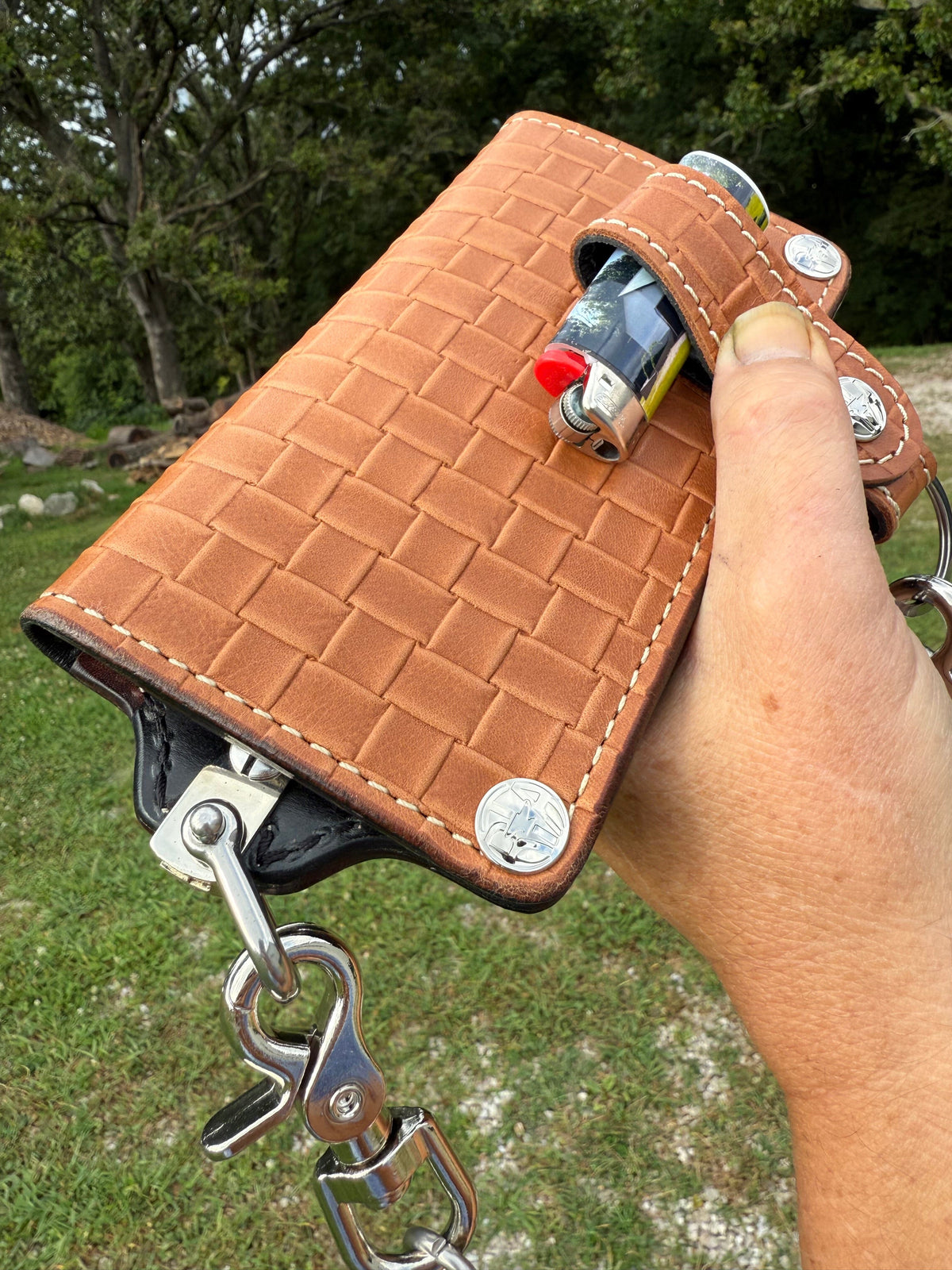 G4 Long Biker Chain Wallet, Chain &amp; Loop Combo Set - Tan Basket Weave - Anvil Customs